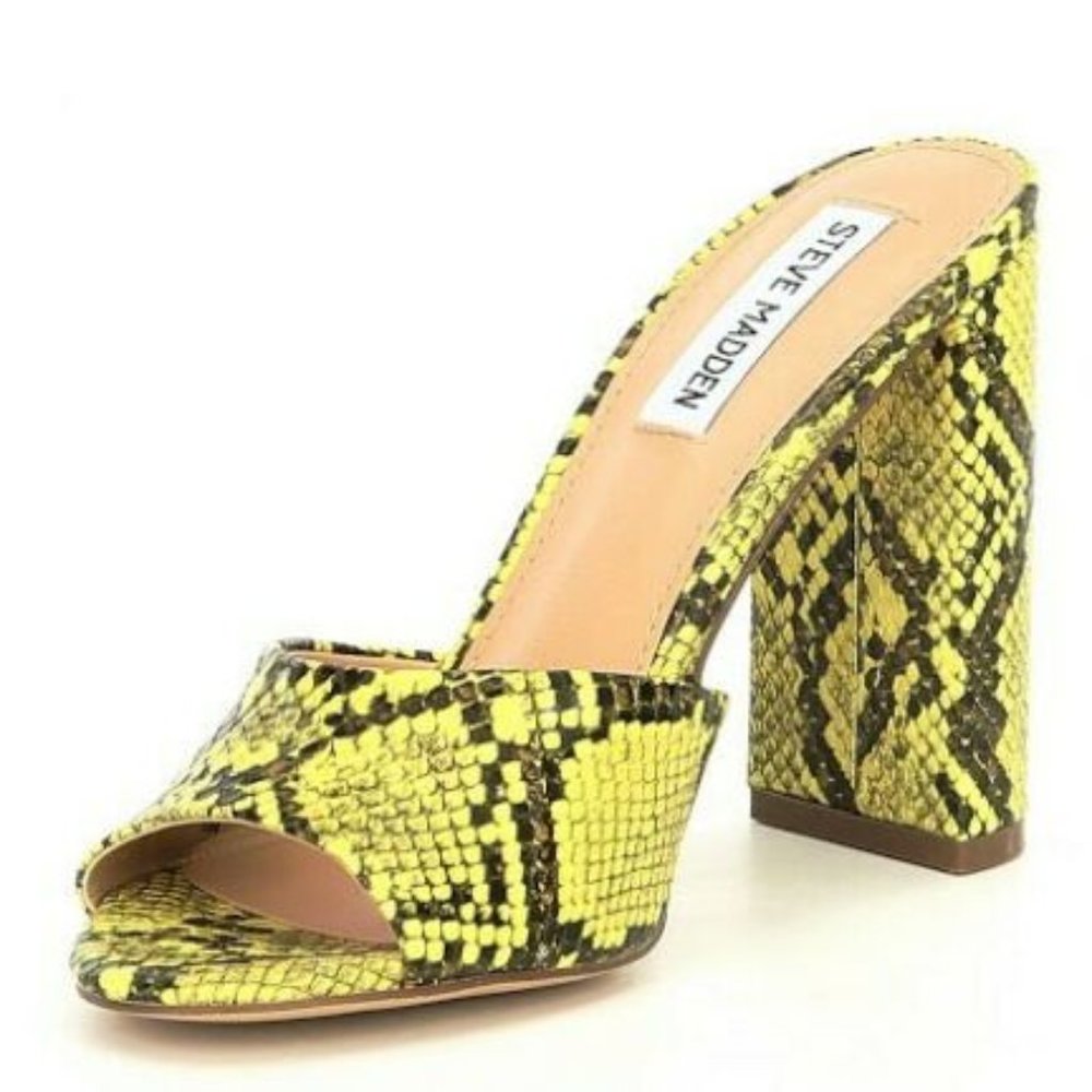 Yellow Snake Print Slip On Block Heel Mules - image 1